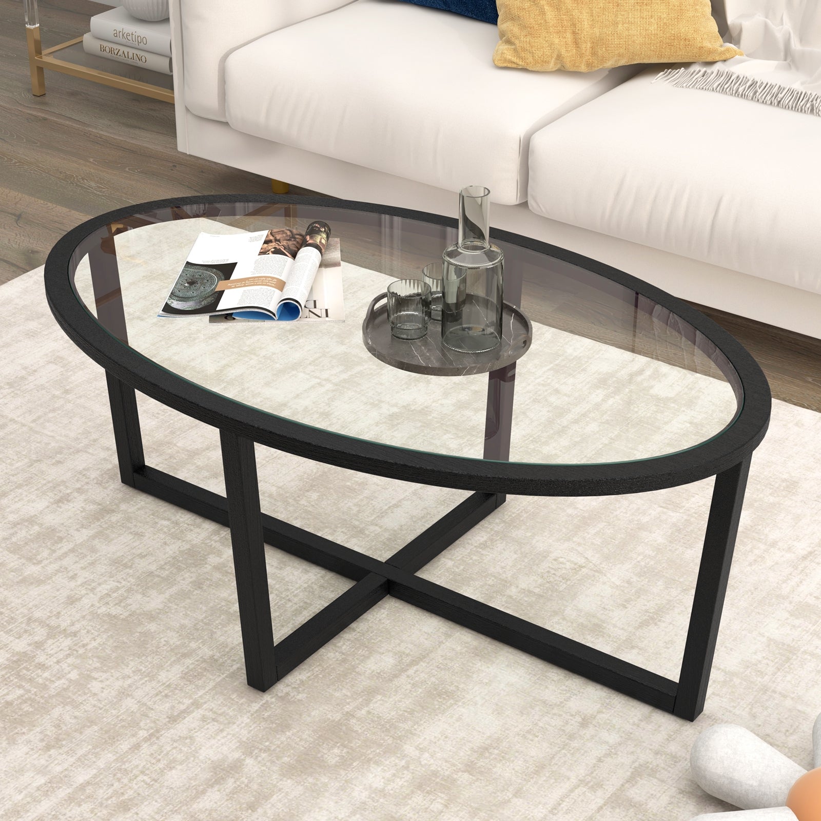 Glass Oval Coffee Table, Cross Base, Acacia Wood Legs, Black Coffee Tables at Gallery Canada