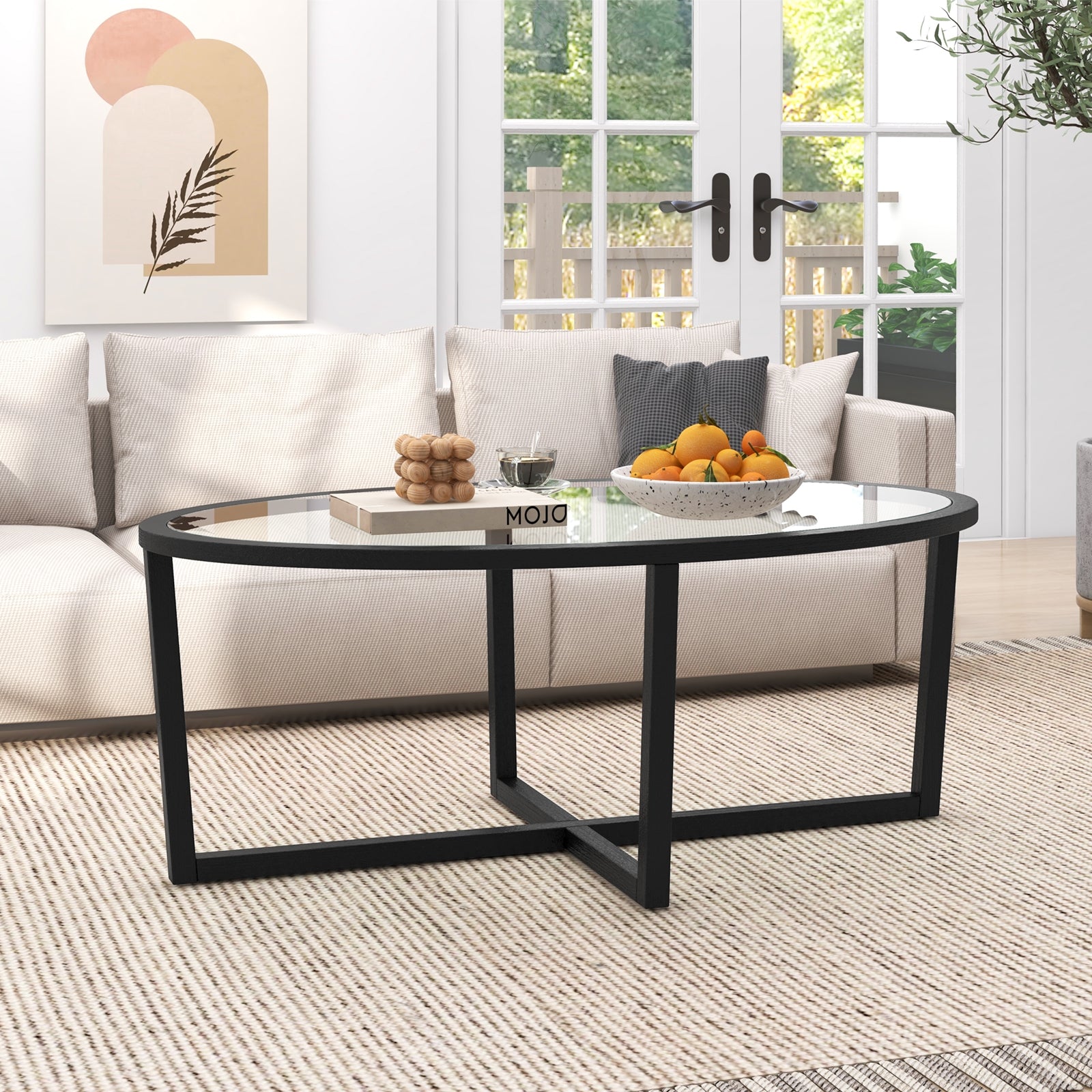 Glass Oval Coffee Table, Cross Base, Acacia Wood Legs, Black Coffee Tables at Gallery Canada
