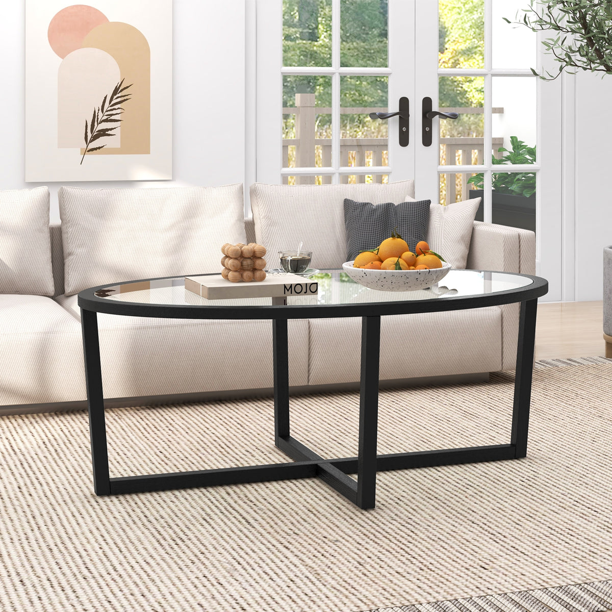 Glass Oval Coffee Table, Cross Base, Acacia Wood Legs, Black Coffee Tables at Gallery Canada
