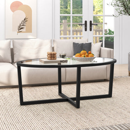 Glass Oval Coffee Table, Cross Base, Acacia Wood Legs, Black Coffee Tables at Gallery Canada