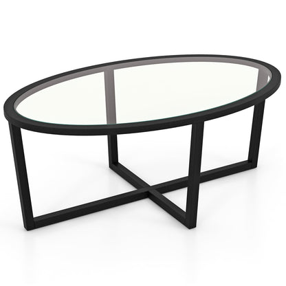 Glass Oval Coffee Table, Cross Base, Acacia Wood Legs, Black Coffee Tables Black at Gallery Canada