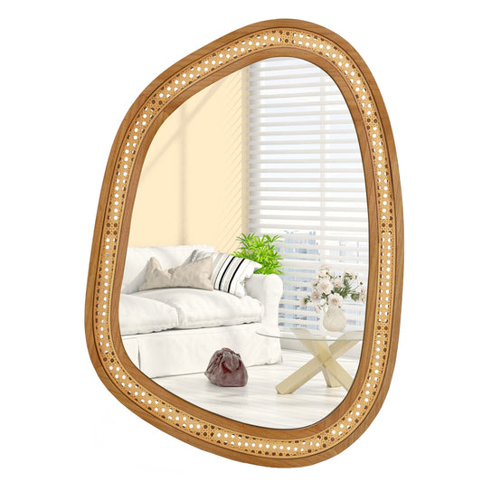 33 Inches x 23.5 Inches Irregular PVC Rattan Wall Mirror, Wooden Frame, Natural Wall Mirrors Natural at Gallery Canada
