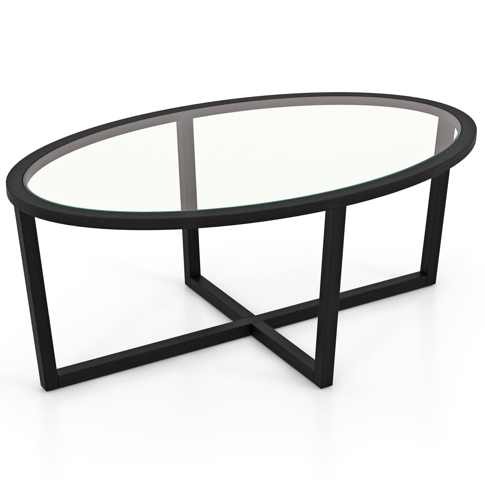 Glass Oval Coffee Table, Cross Base, Acacia Wood Legs, Black Coffee Tables at Gallery Canada