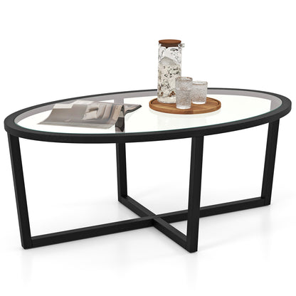 Glass Oval Coffee Table, Cross Base, Acacia Wood Legs, Black Coffee Tables at Gallery Canada