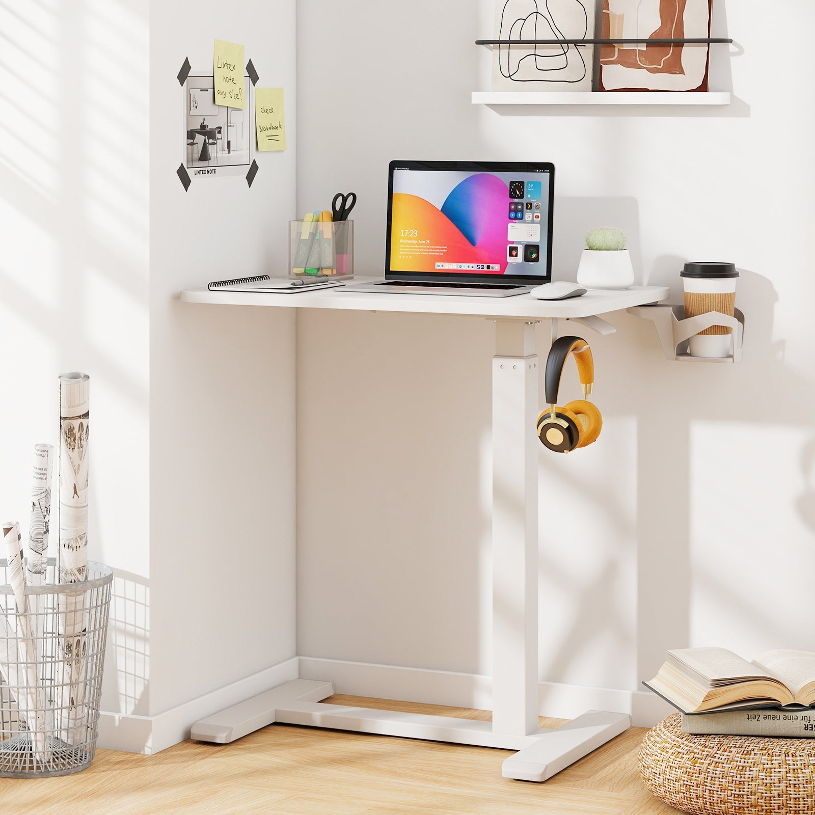 Mobile Standing Desk, Height Adjustable Overbed Table With Cup Holder, White End & Side Tables at Gallery Canada