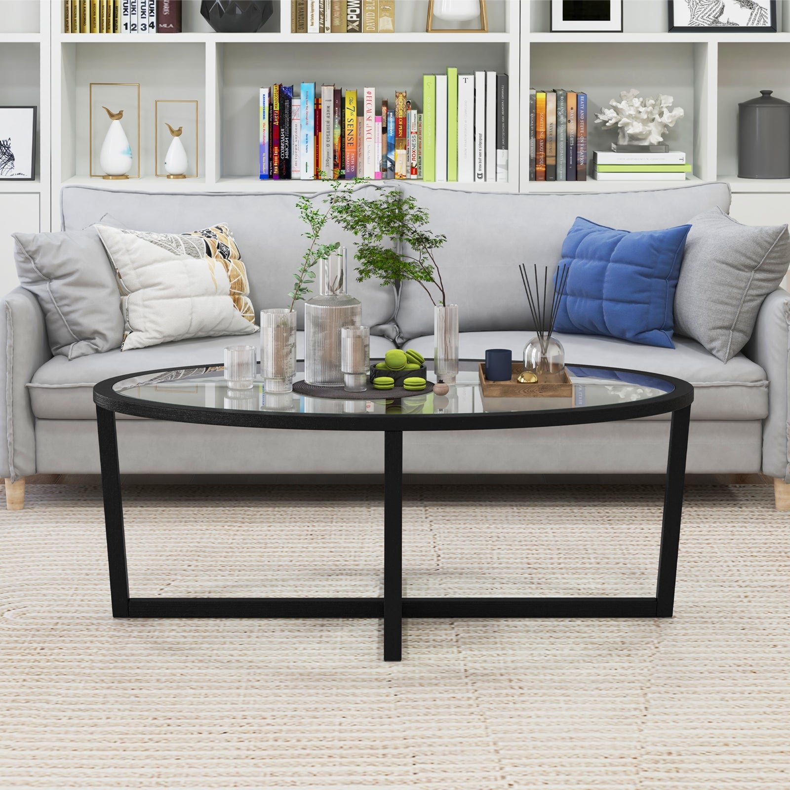 Glass Oval Coffee Table, Cross Base, Acacia Wood Legs, Black Coffee Tables at Gallery Canada