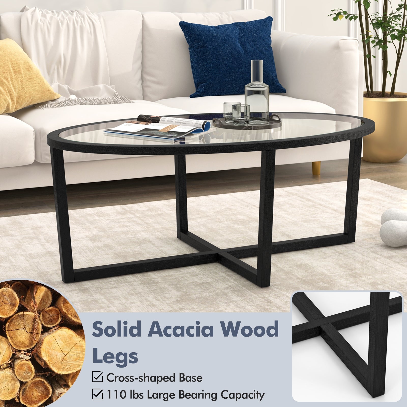Glass Oval Coffee Table, Cross Base, Acacia Wood Legs, Black Coffee Tables at Gallery Canada