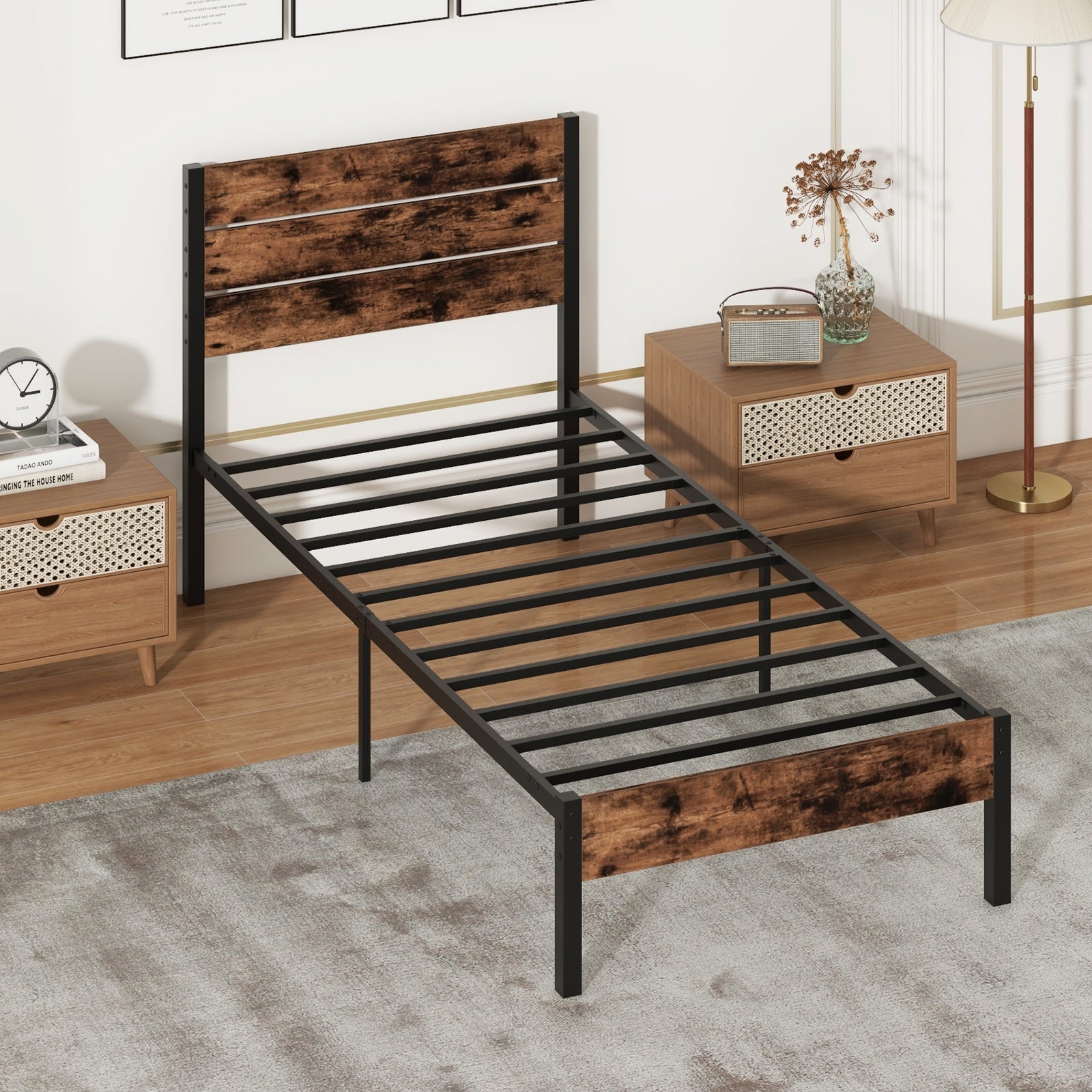 Twin Size Bed Frame With High Headboard, Mute Bar, Rustic Brown Simple Bed Frame at Gallery Canada