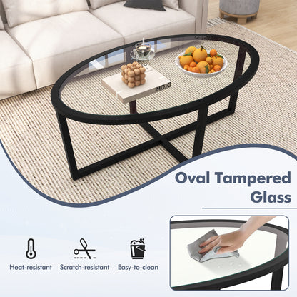 Glass Oval Coffee Table, Cross Base, Acacia Wood Legs, Black Coffee Tables at Gallery Canada