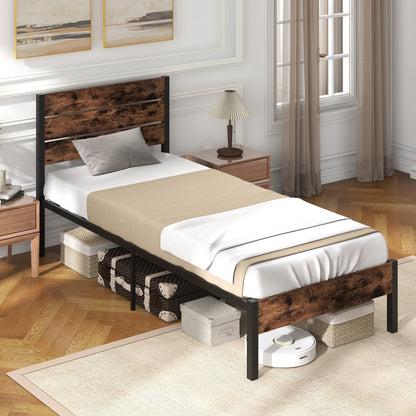 Twin Size Bed Frame With High Headboard, Mute Bar, Rustic Brown Simple Bed Frame at Gallery Canada