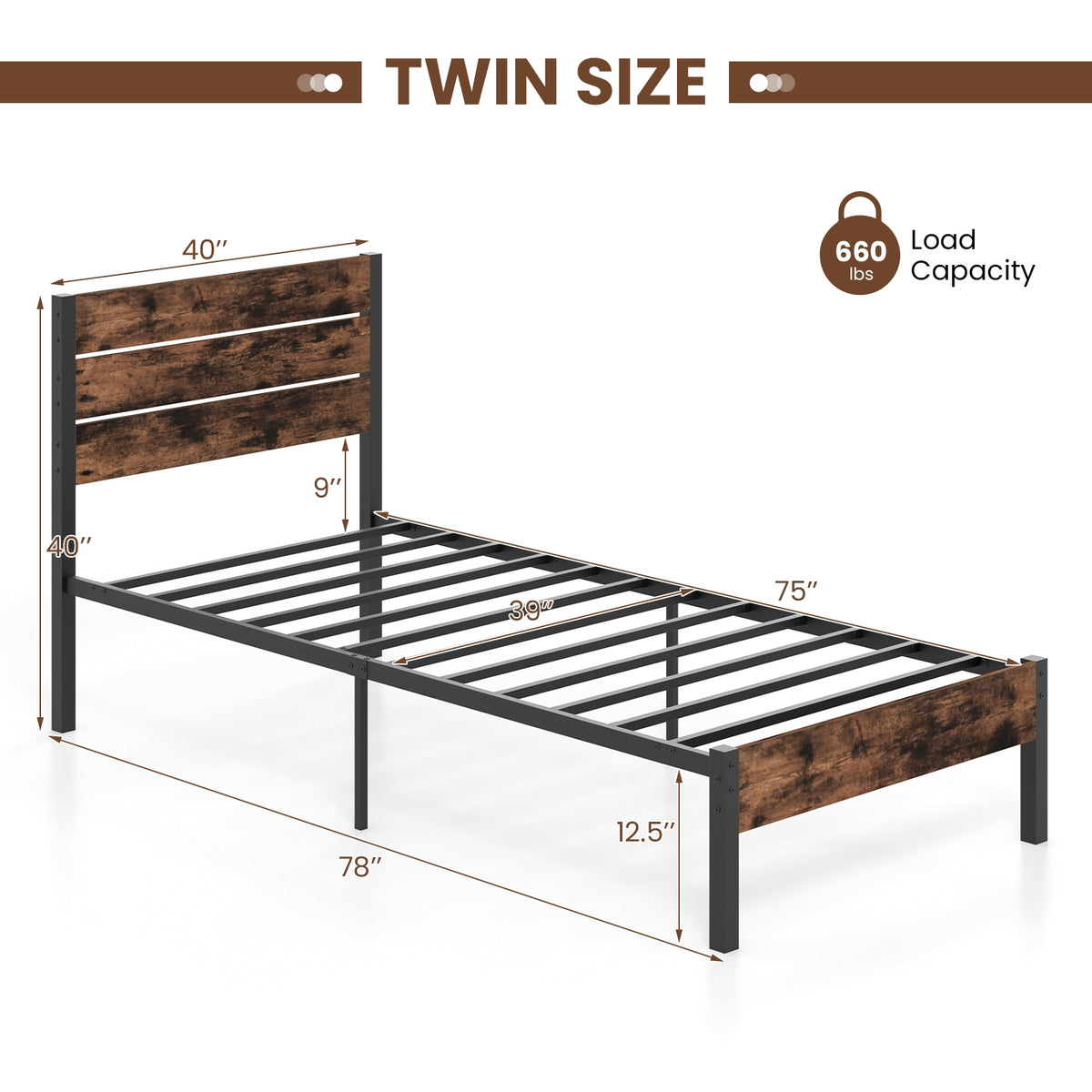 Twin Size Bed Frame With High Headboard, Mute Bar, Rustic Brown Simple Bed Frame at Gallery Canada