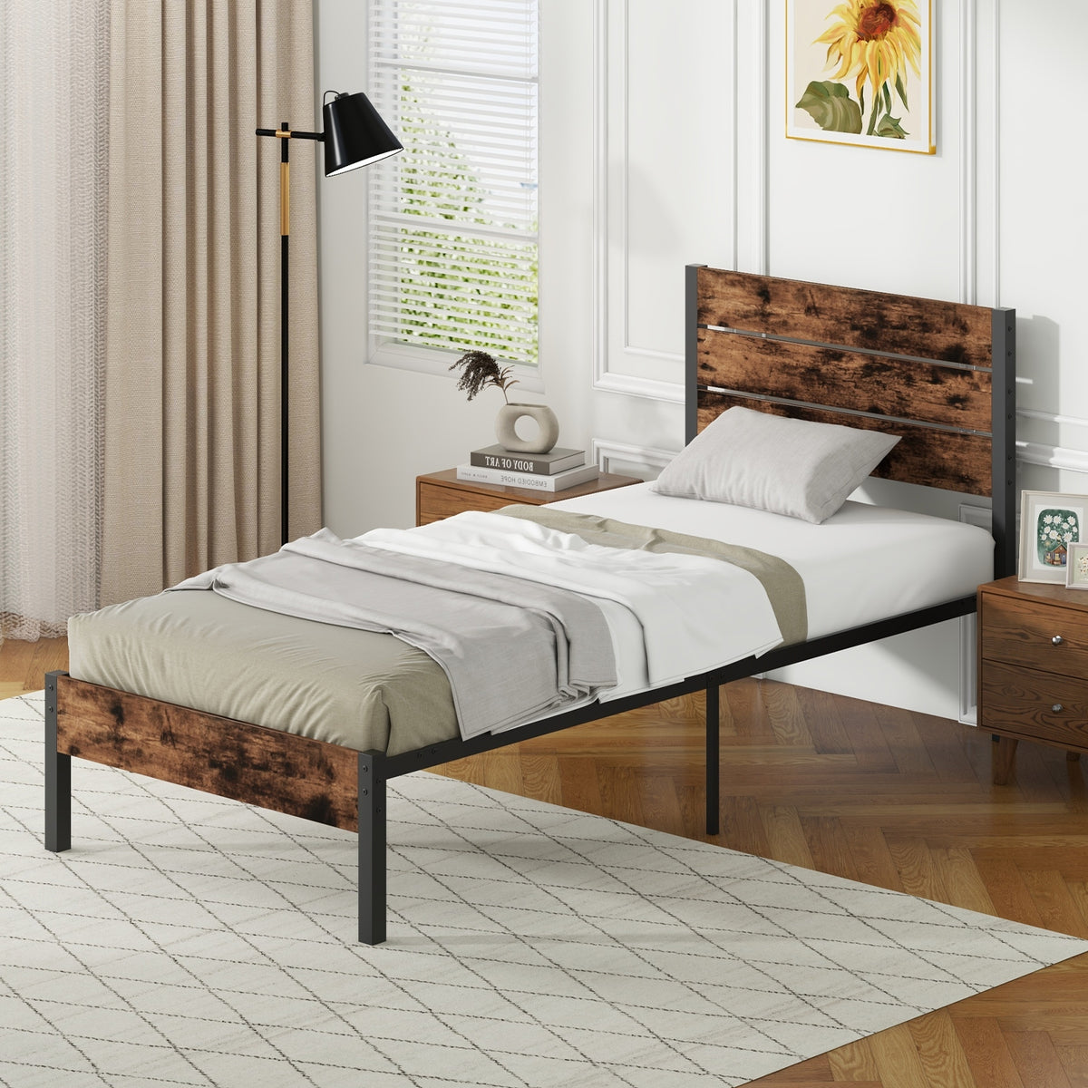 Twin Size Bed Frame With High Headboard, Mute Bar, Rustic Brown Simple Bed Frame at Gallery Canada