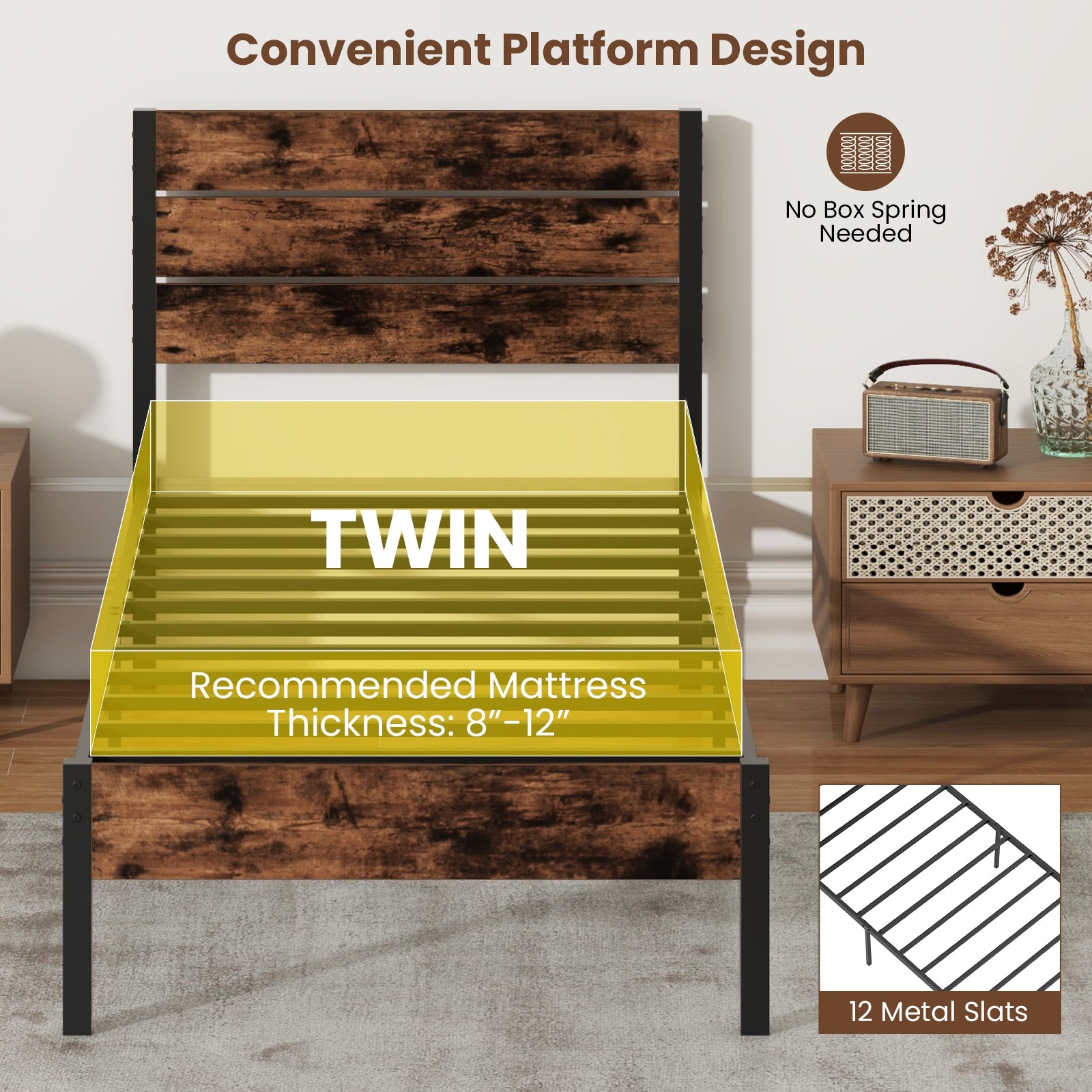 Twin Size Bed Frame With High Headboard, Mute Bar, Rustic Brown Simple Bed Frame at Gallery Canada