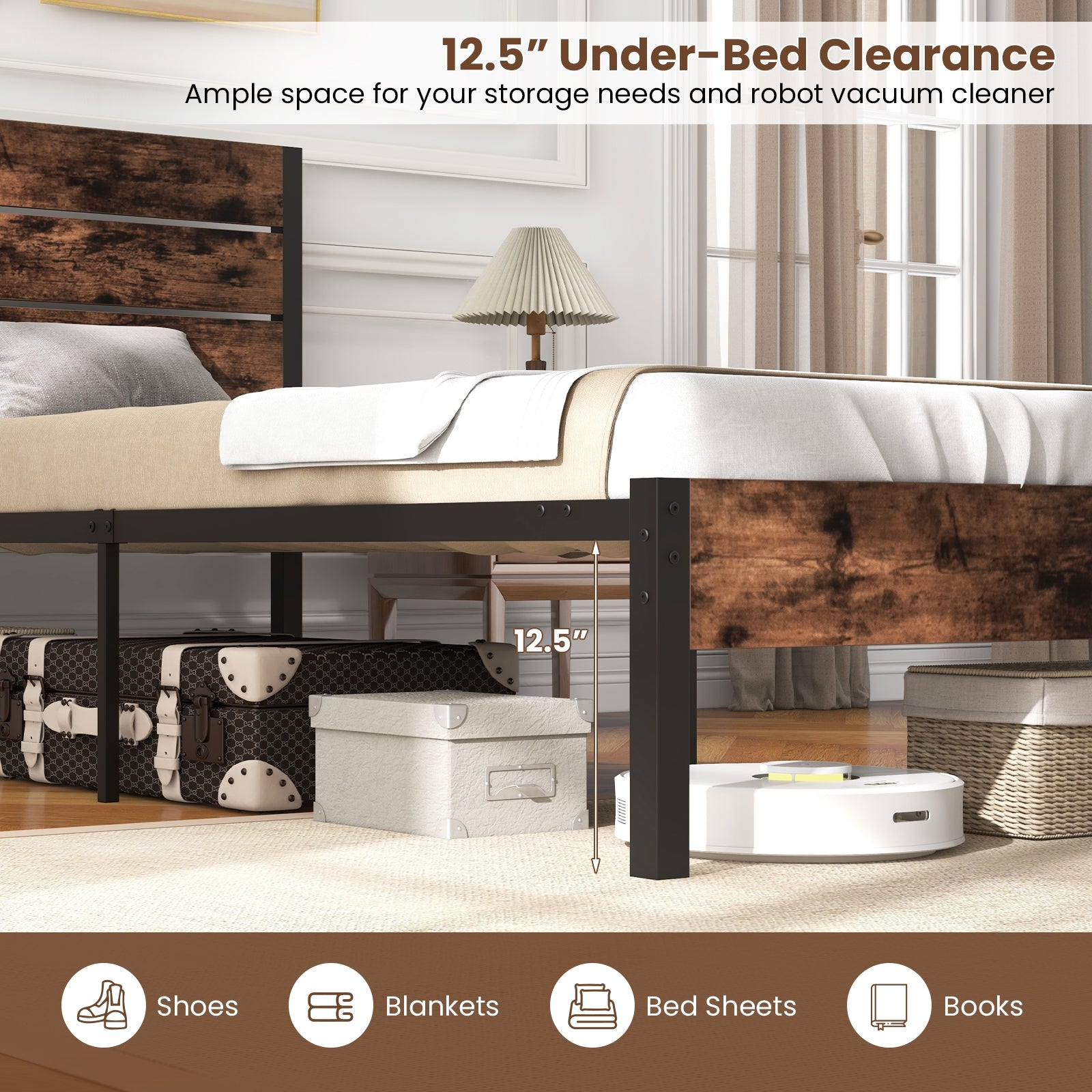 Twin Size Bed Frame With High Headboard, Mute Bar, Rustic Brown Simple Bed Frame at Gallery Canada