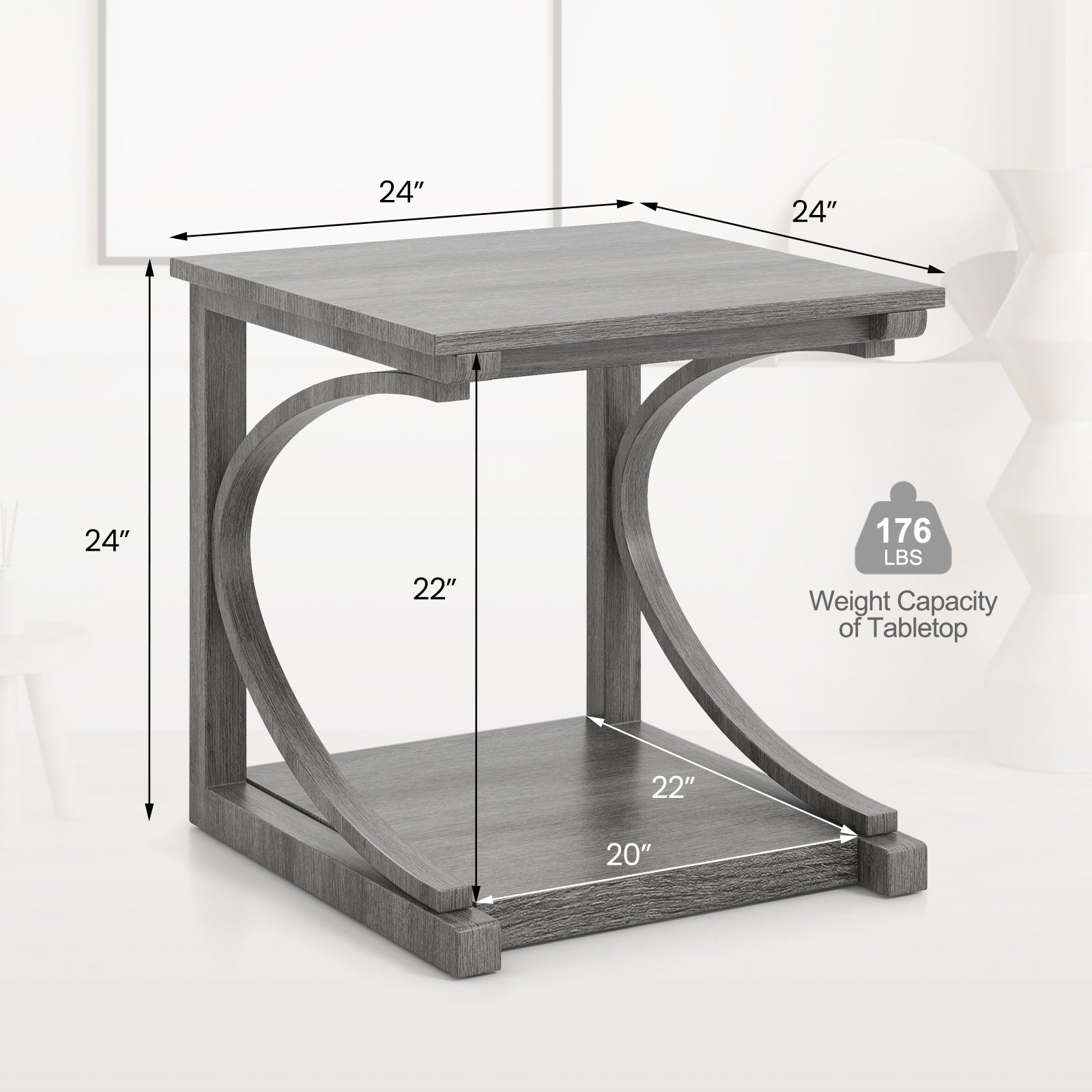 C-Shaped 24 Inch 2 Tier Square End Table, Grey End & Side Tables at Gallery Canada