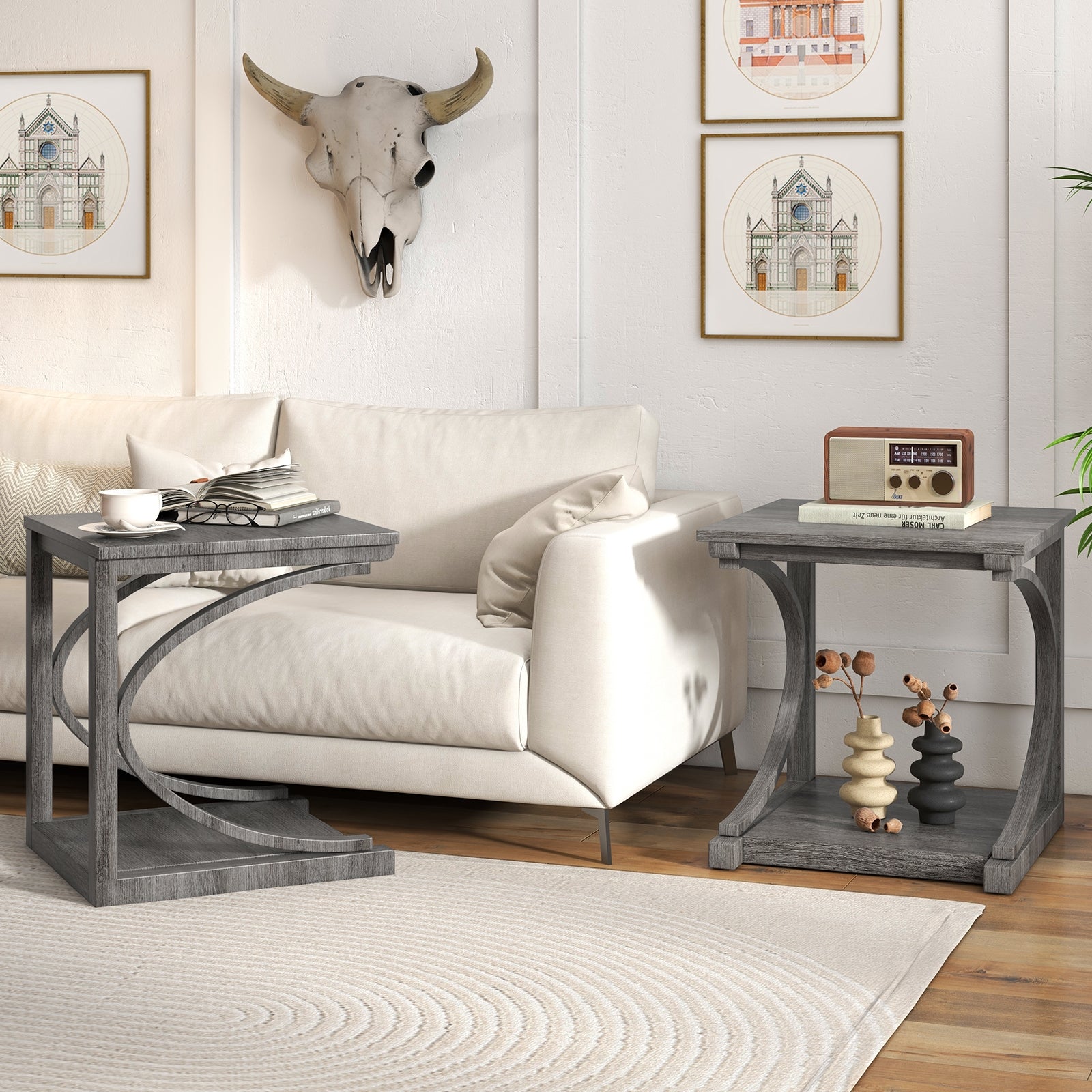 C-Shaped 24 Inch 2 Tier Square End Table, Grey End & Side Tables at Gallery Canada