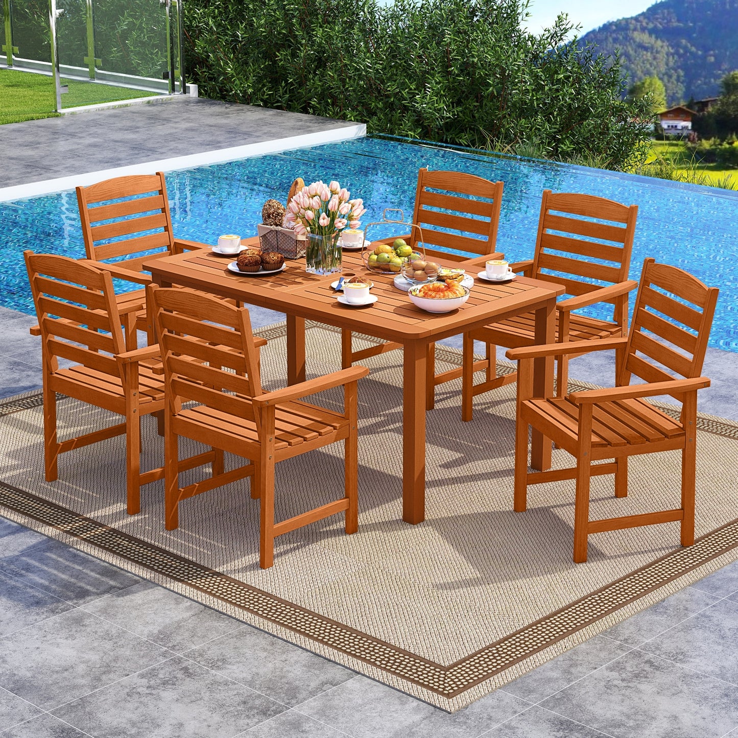 7 Pcs Outdoor Dining Set, Teak Oil Finish, Slatted Rectangular Table, 6 Armchairs, Natural Patio Conversation Sets at Gallery Canada