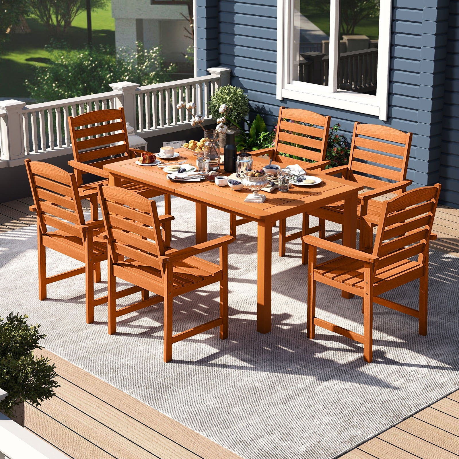 7 Pcs Outdoor Dining Set, Teak Oil Finish, Slatted Rectangular Table, 6 Armchairs, Natural Patio Conversation Sets at Gallery Canada
