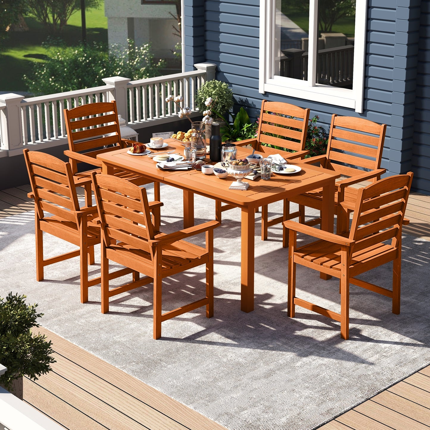 7 Pcs Outdoor Dining Set, Teak Oil Finish, Slatted Rectangular Table, 6 Armchairs, Natural Patio Conversation Sets at Gallery Canada