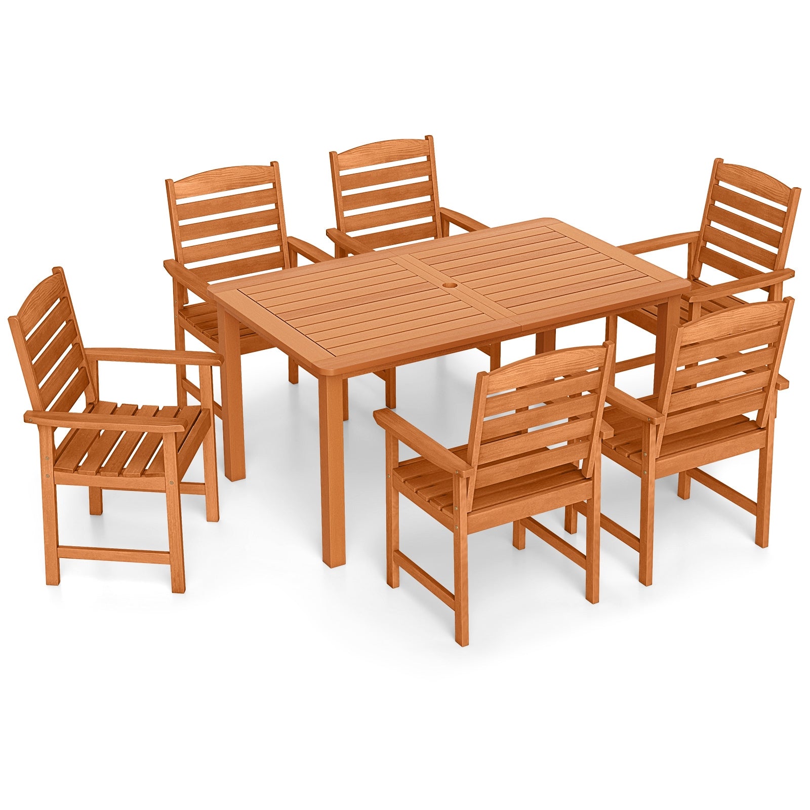 7 Pcs Outdoor Dining Set, Teak Oil Finish, Slatted Rectangular Table, 6 Armchairs, Natural Patio Conversation Sets Natural at Gallery Canada