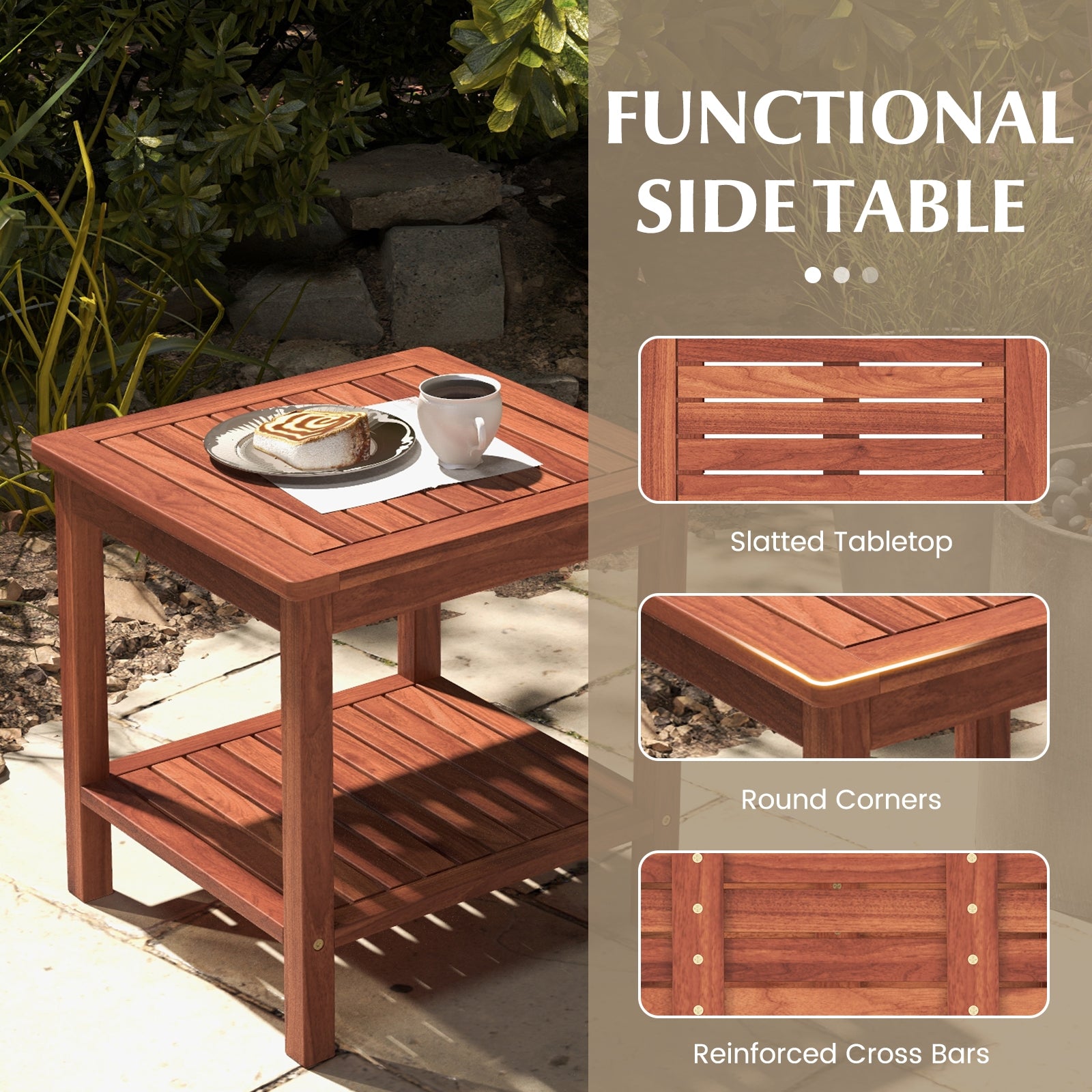 Set Of 2 Double-Tier Acacia Wood Patio Side Tables, Natural Patio Coffee Tables at Gallery Canada
