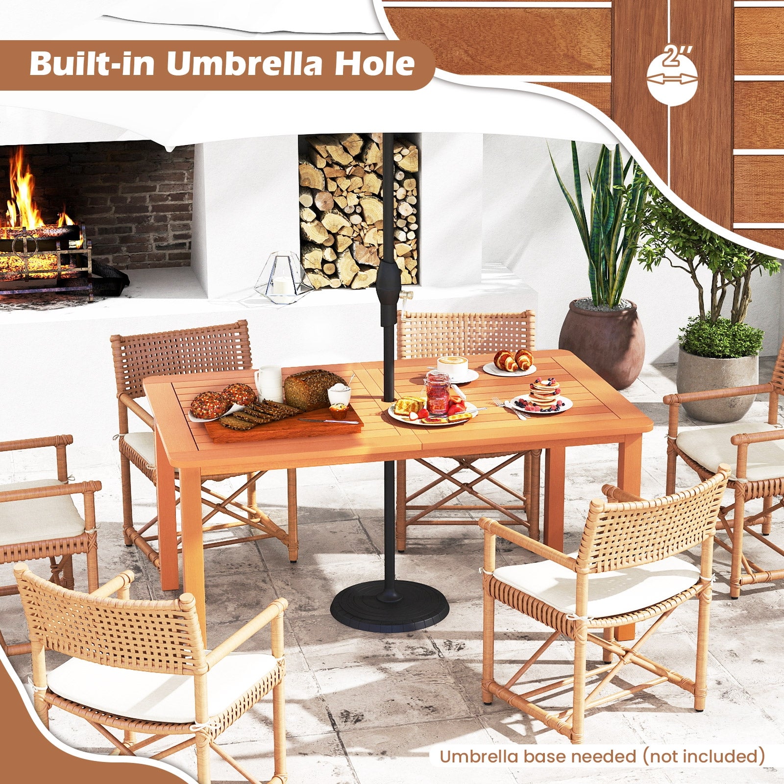 7 Pcs Outdoor Dining Set, Teak Oil Finish, Slatted Rectangular Table, 6 Armchairs, Natural Patio Conversation Sets at Gallery Canada