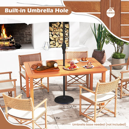 7 Pcs Outdoor Dining Set, Teak Oil Finish, Slatted Rectangular Table, 6 Armchairs, Natural Patio Conversation Sets at Gallery Canada