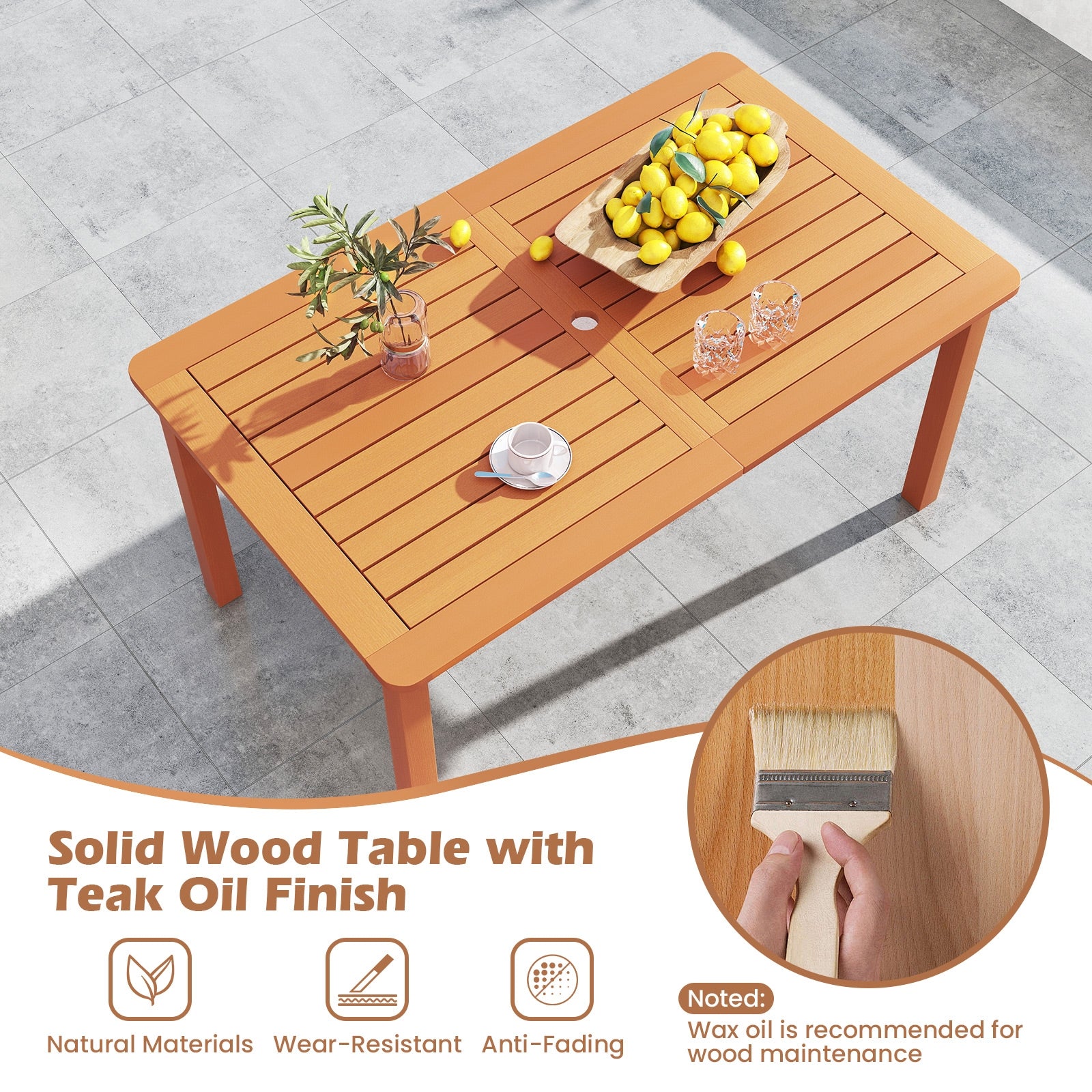 7 Pcs Outdoor Dining Set, Teak Oil Finish, Slatted Rectangular Table, 6 Armchairs, Natural Patio Conversation Sets at Gallery Canada