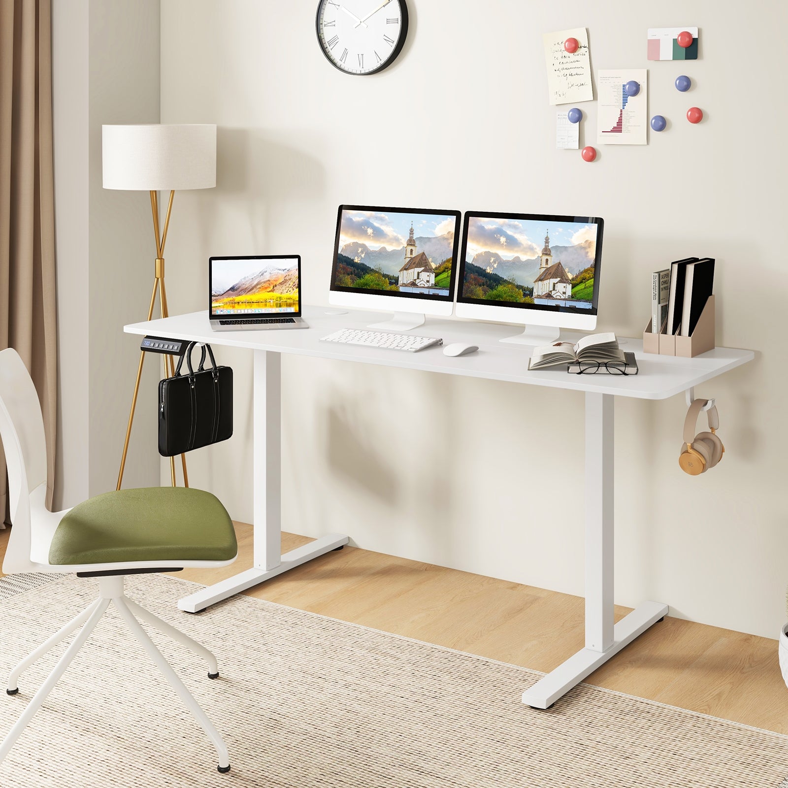 Electric Standing Desk, 3 Memory Heights, 2 Hanging Hooks, Cable Holes, White Standing Desks at Gallery Canada