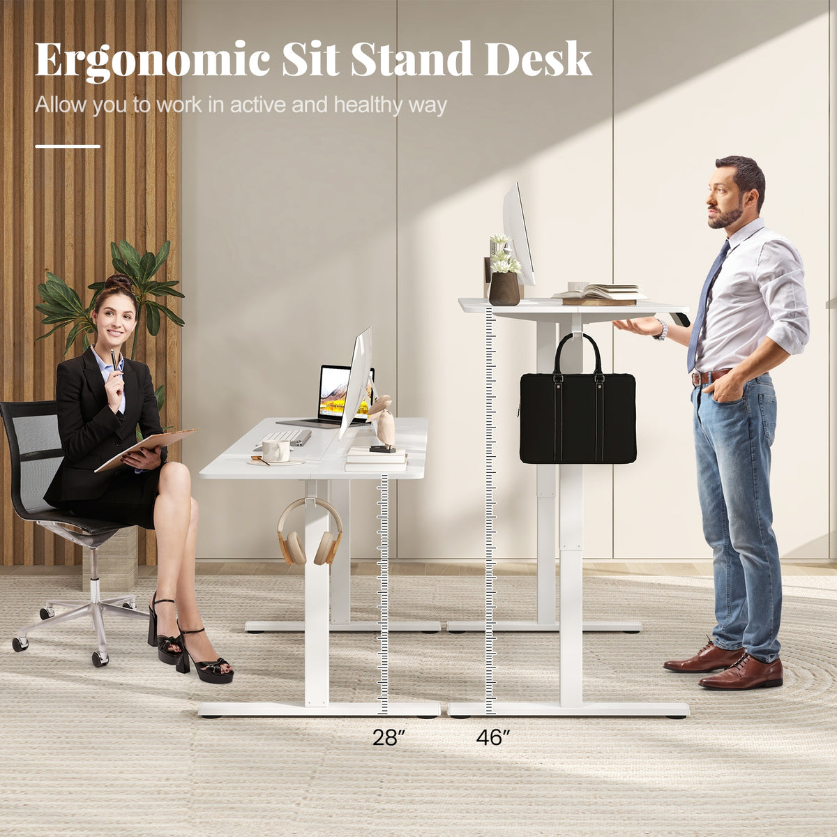 Electric Standing Desk, 3 Memory Heights, 2 Hanging Hooks, Cable Holes, White Standing Desks at Gallery Canada