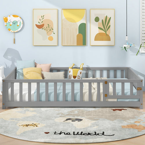 Montessori Bed Frame, Full-Length Guardrails, Safety Door, Gray
