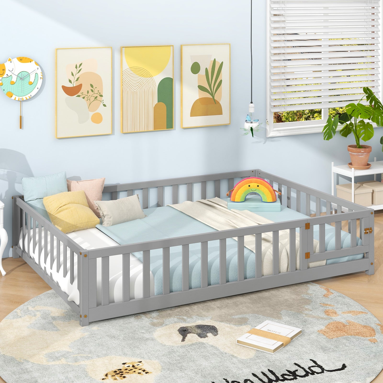 Montessori Bed Frame, Full-Length Guardrails, Safety Door, Gray Toddler Beds at Gallery Canada