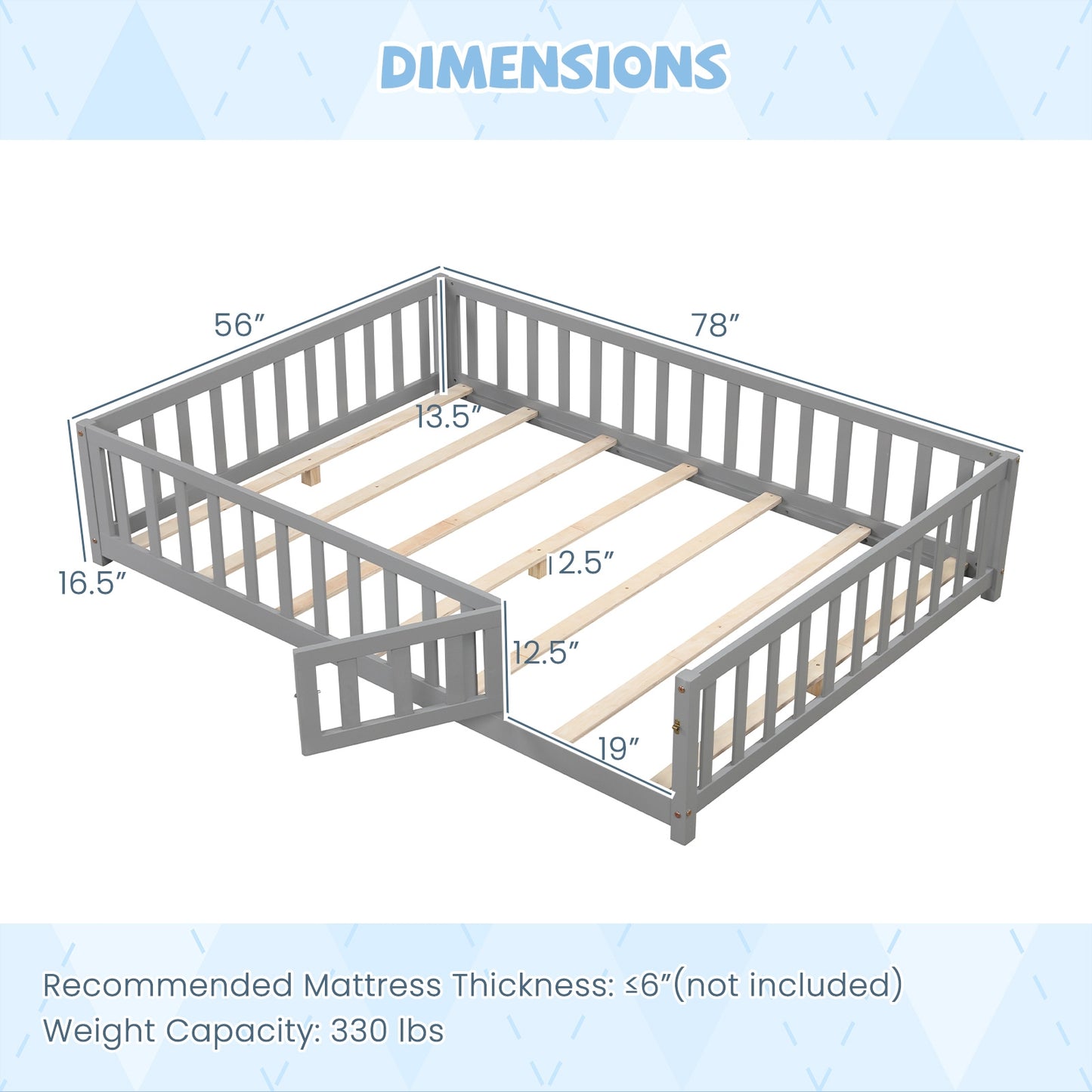 Montessori Bed Frame, Full-Length Guardrails, Safety Door, Gray Toddler Beds at Gallery Canada