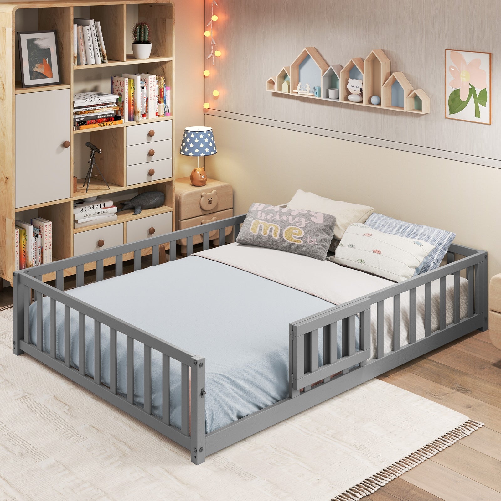 Montessori Bed Frame, Full-Length Guardrails, Safety Door, Gray Toddler Beds at Gallery Canada