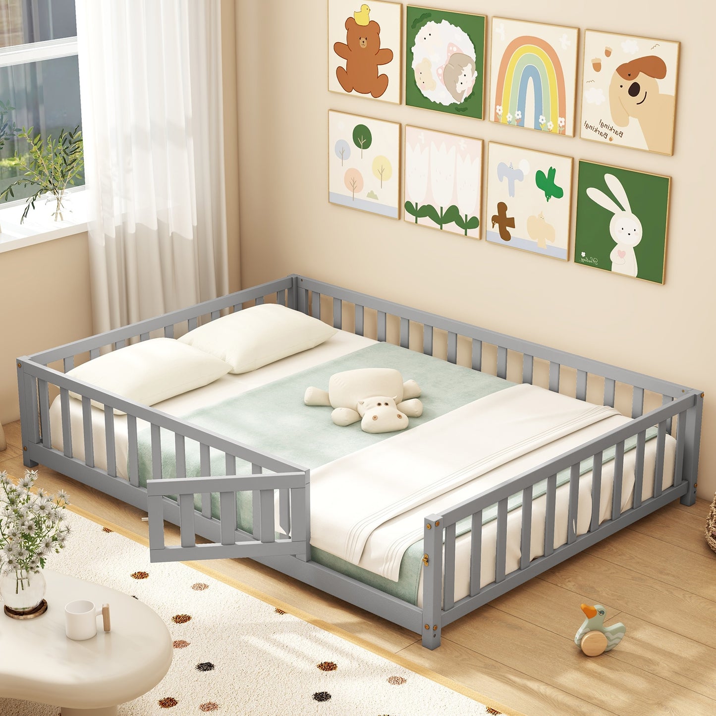 Montessori Bed Frame, Full-Length Guardrails, Safety Door, Gray Toddler Beds at Gallery Canada