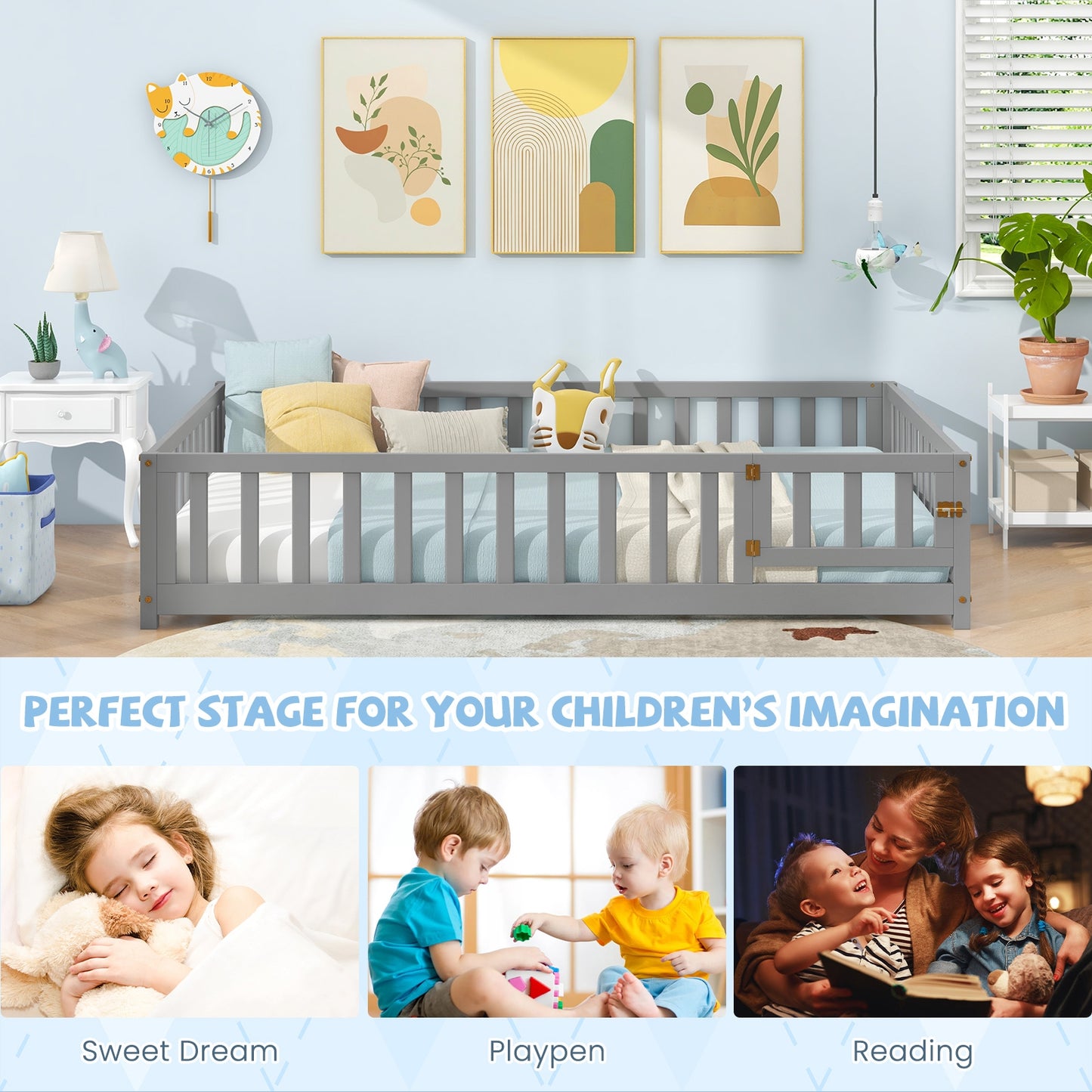 Montessori Bed Frame, Full-Length Guardrails, Safety Door, Gray Toddler Beds at Gallery Canada