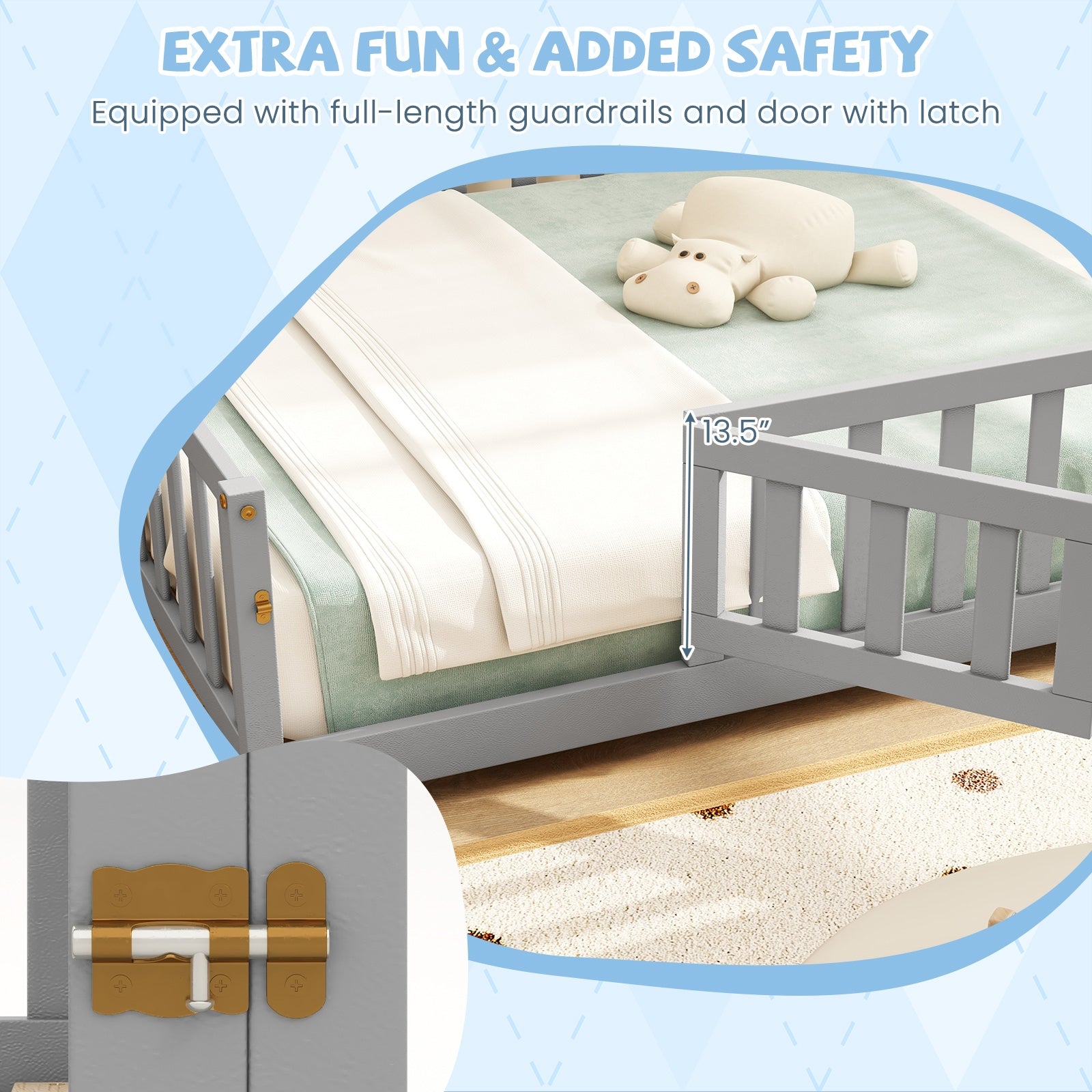 Montessori Bed Frame, Full-Length Guardrails, Safety Door, Gray Toddler Beds at Gallery Canada