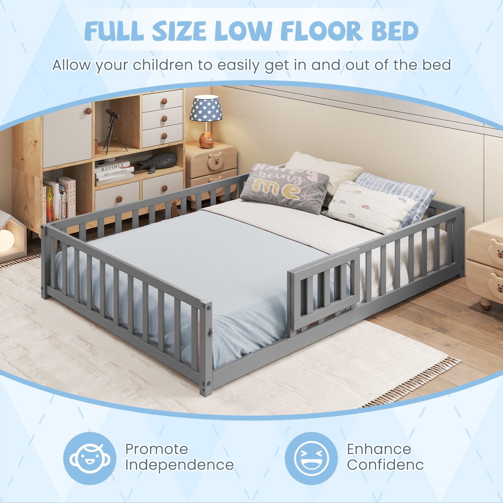 Montessori Bed Frame, Full-Length Guardrails, Safety Door, Gray Toddler Beds at Gallery Canada