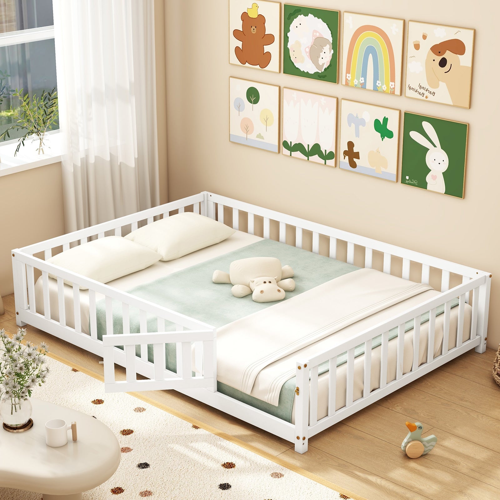 Montessori Bed Frame With Full Guardrails, Safety Door, White Toddler Beds at Gallery Canada