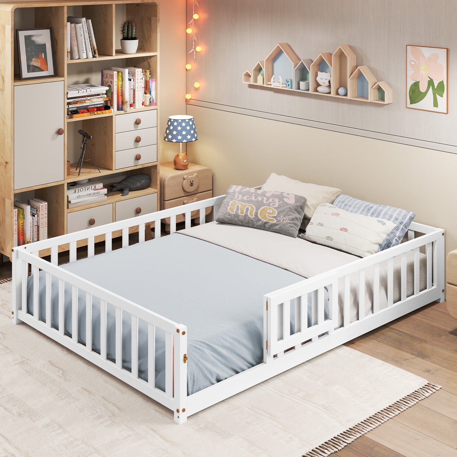 Montessori Bed Frame With Full Guardrails, Safety Door, White Toddler Beds at Gallery Canada