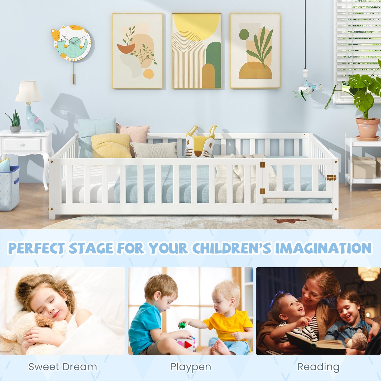 Montessori Bed Frame With Full Guardrails, Safety Door, White Toddler Beds at Gallery Canada