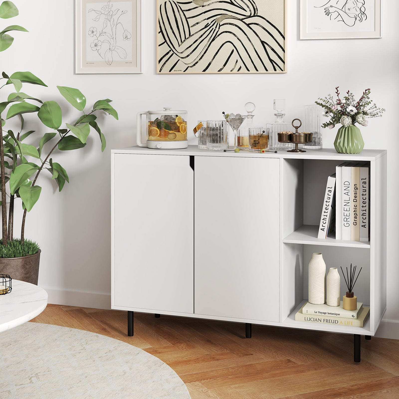 42 Inch Sideboard Buffet Cabinet, Adjustable Shelves, White Sideboards Cabinets & Buffets at Gallery Canada