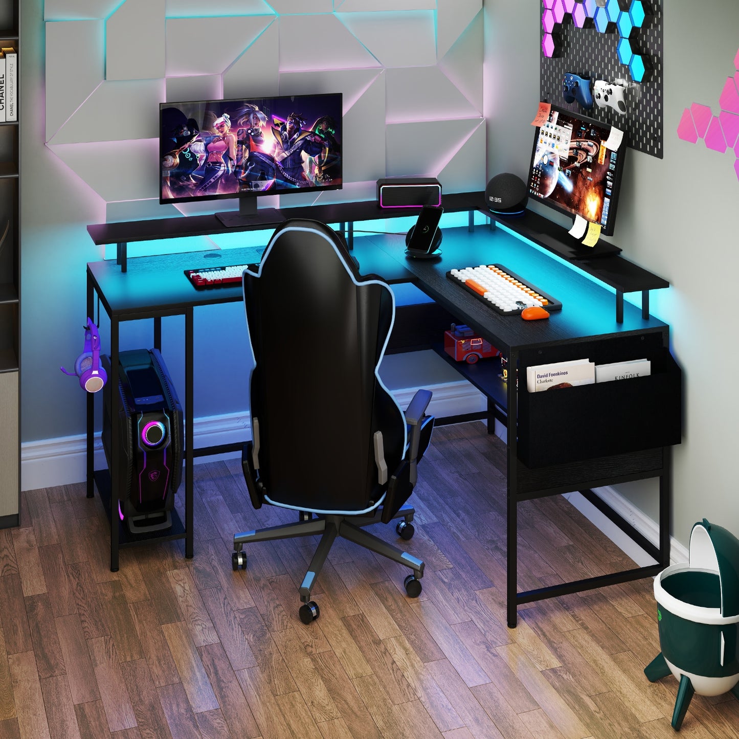 L-Shaped Gaming Desk with LED Lights and Power Outlets Home Office Computer Desk, Black L-Shaped Desks at Gallery Canada