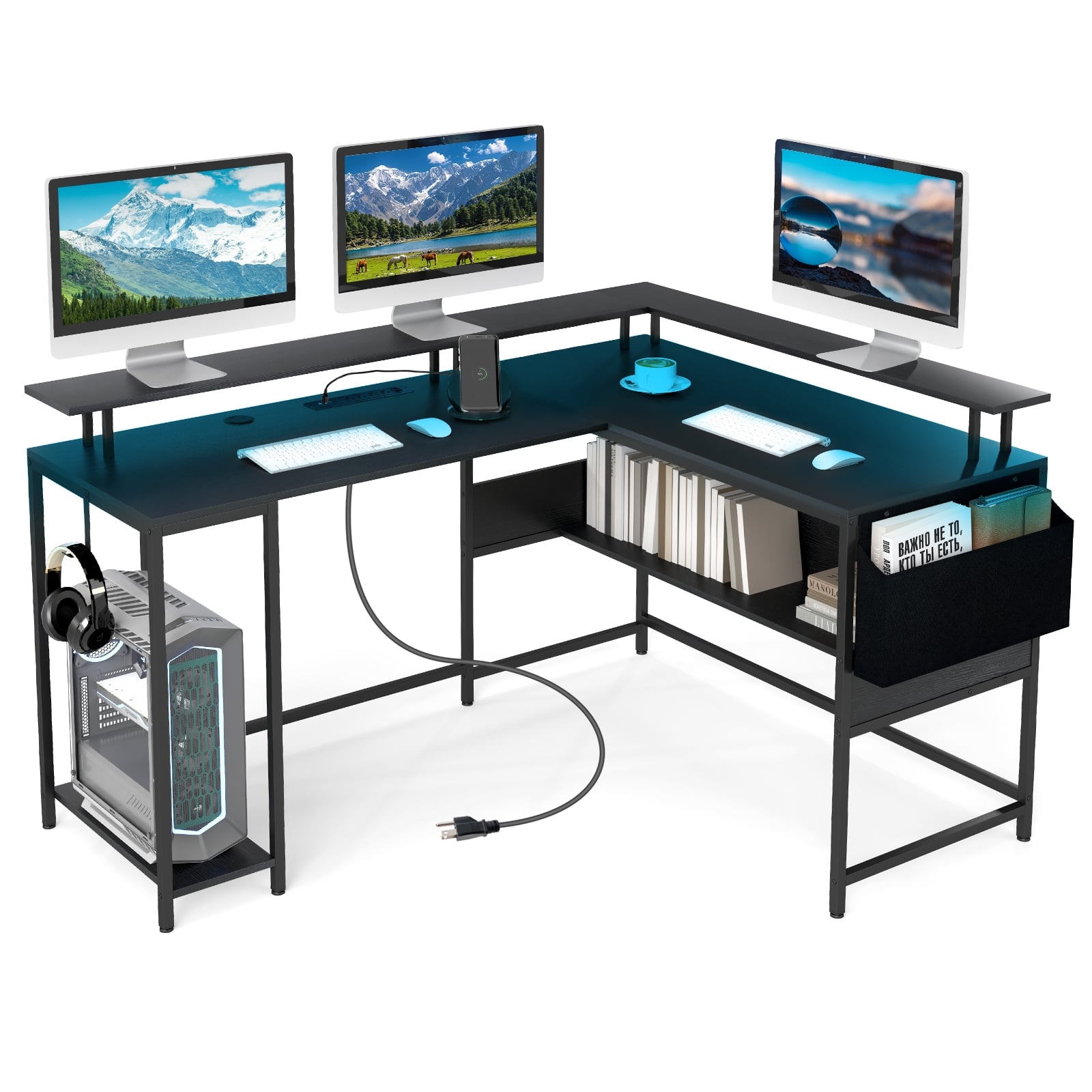 L-Shaped Gaming Desk with LED Lights and Power Outlets Home Office Computer Desk, Black L-Shaped Desks Black at Gallery Canada