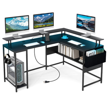 L-Shaped Gaming Desk with LED Lights and Power Outlets Home Office Computer Desk, Black L-Shaped Desks Black at Gallery Canada