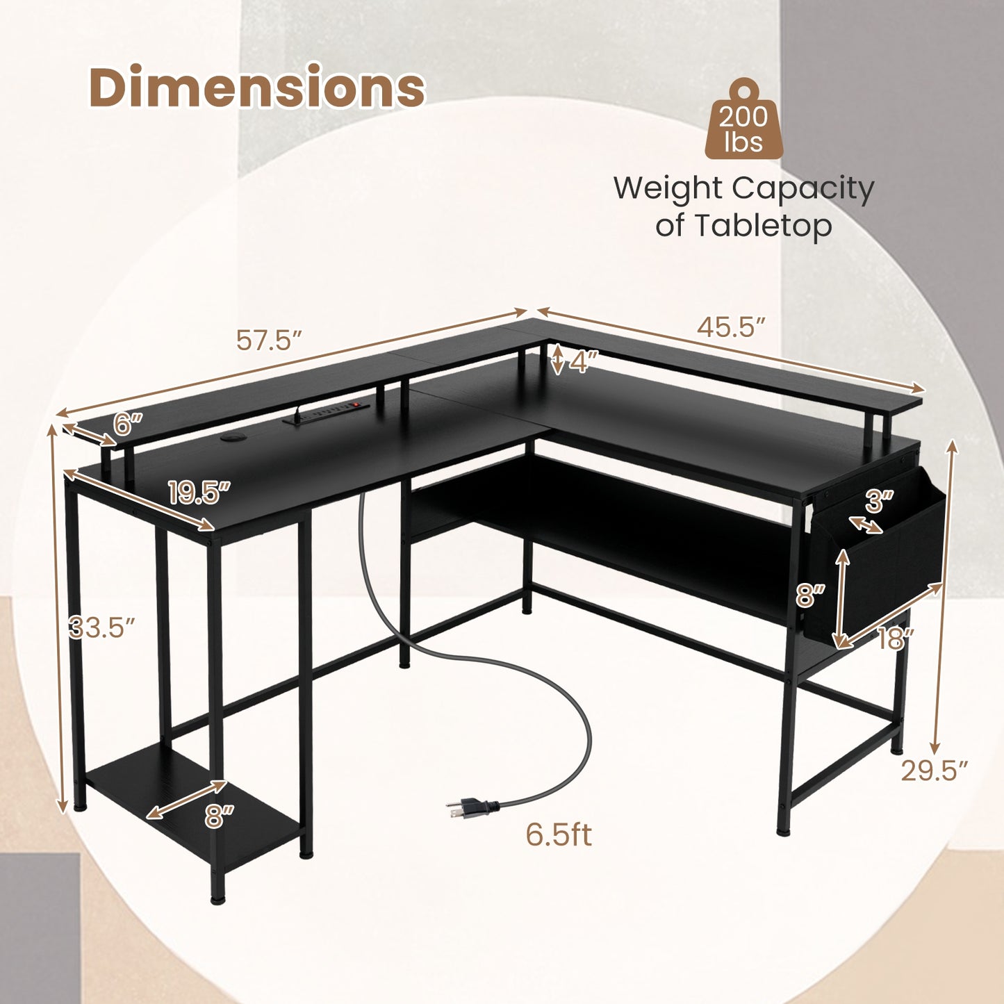 L-Shaped Gaming Desk with LED Lights and Power Outlets Home Office Computer Desk, Black L-Shaped Desks at Gallery Canada