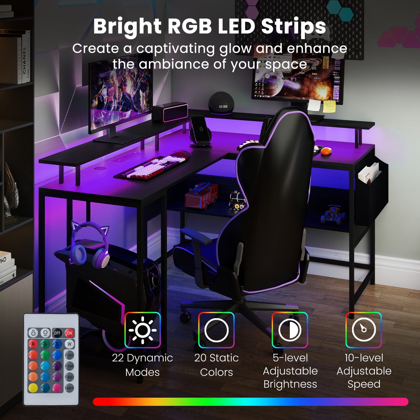 L-Shaped Gaming Desk with LED Lights and Power Outlets Home Office Computer Desk, Black L-Shaped Desks at Gallery Canada