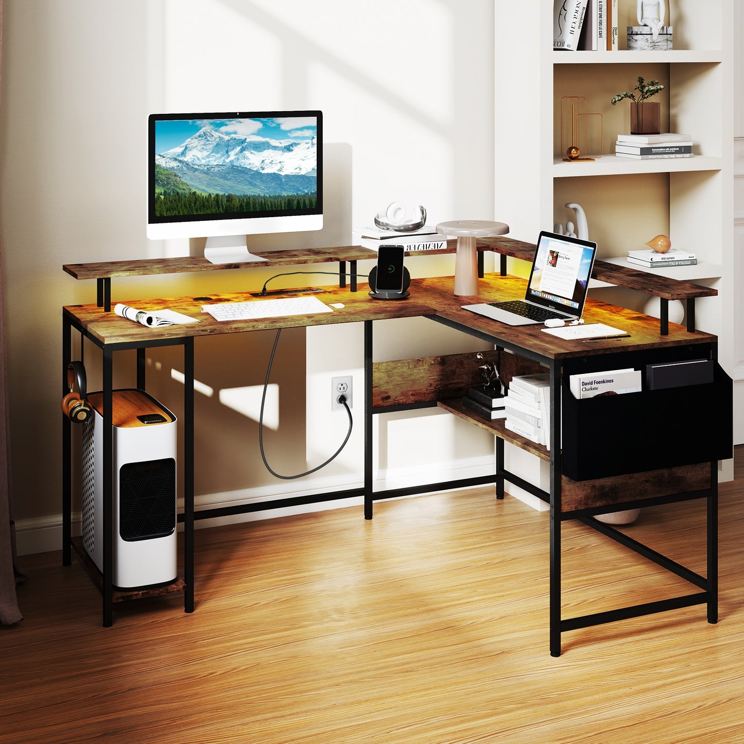 L-Shaped Gaming Desk with LED Lights and Power Outlets Home Office Computer Desk, Rustic Brown L-Shaped Desks at Gallery Canada