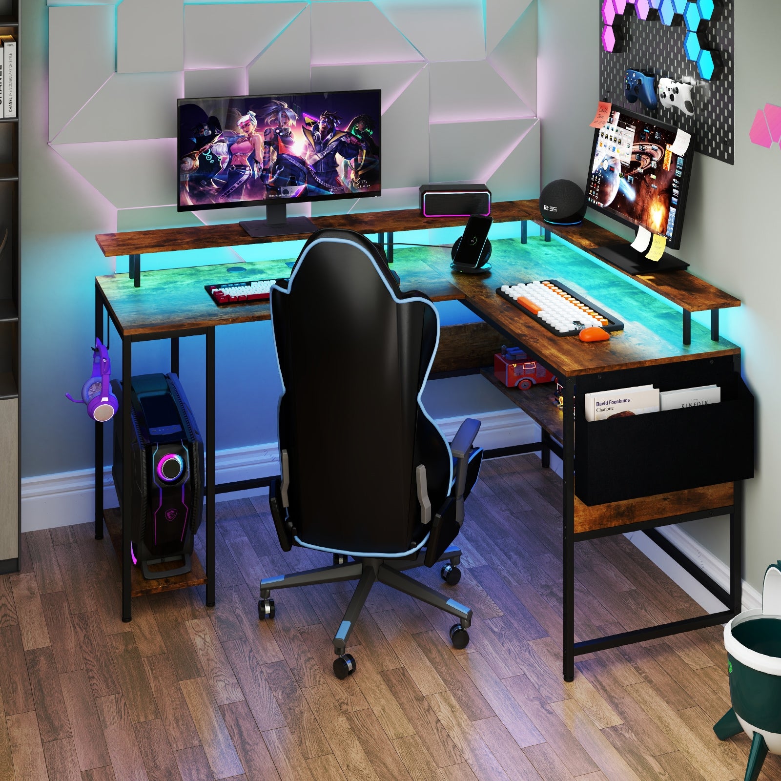 L-Shaped Gaming Desk with LED Lights and Power Outlets Home Office Computer Desk, Rustic Brown L-Shaped Desks at Gallery Canada