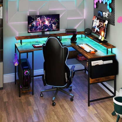 L-Shaped Gaming Desk with LED Lights and Power Outlets Home Office Computer Desk, Rustic Brown L-Shaped Desks at Gallery Canada